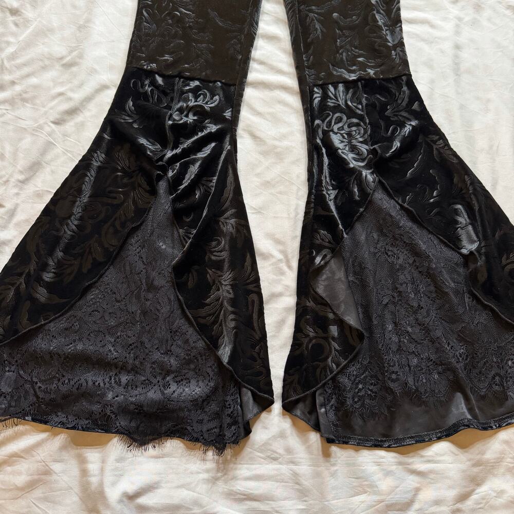 Black Velvet Damask Bell Bottom Pants Small/Medium Elastic Waist Lace Hem Boho - Picture 5 of 11